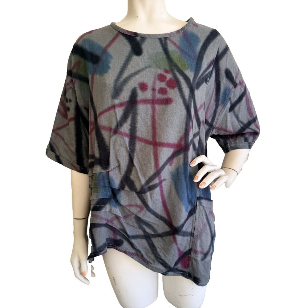 WATER LILY Tunic Top Size XL 100% Cotton Tie Dye Shibori Asymmetric Art to Wear